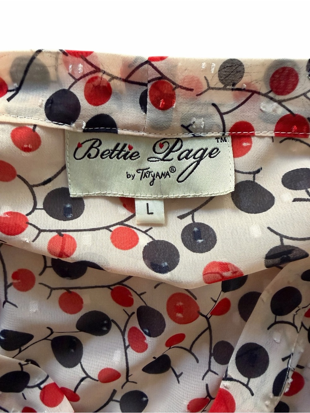 Sheer Blush/Tan With Red And Black Bettie Page By Tatyana Blouse Size Large - Picture 6 of 8